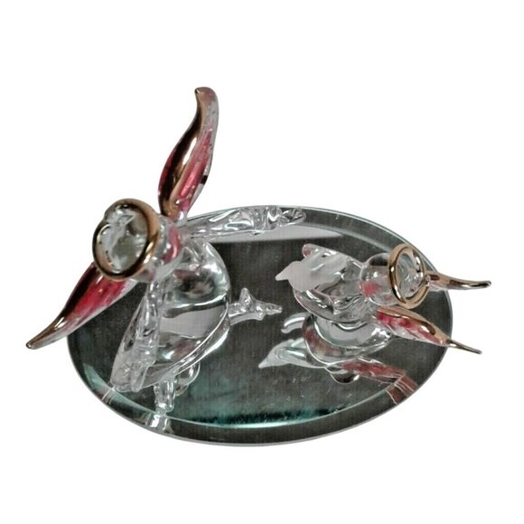 Hand Blown Glass Mother Child Angels Bird Mirror Base 22kt Gold Trim - Picture 3 of 7